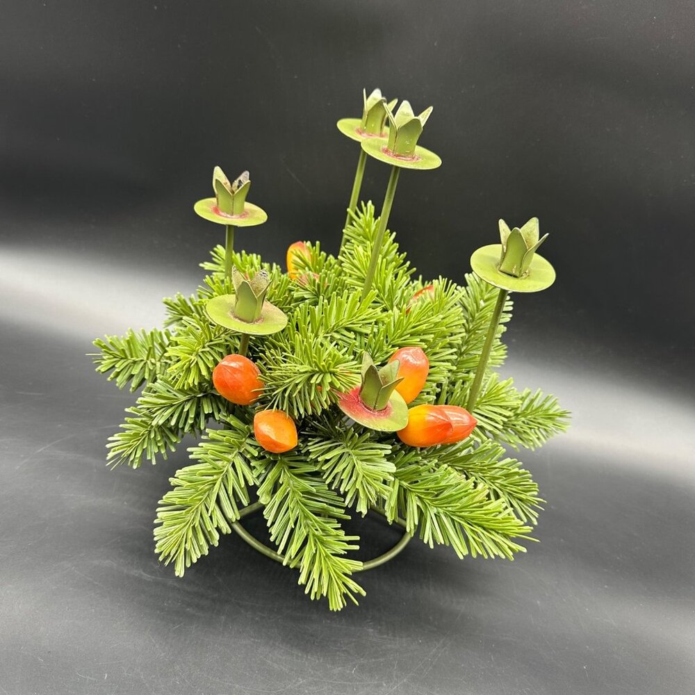 Vintage Christmas Candle Holder Centerpiece Metal Faux Pine Greenery Green 1960s